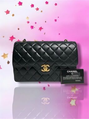 💞VINTAGE CHANEL Double Flap Quilted Lambskin • Black-Navy • SMALL • 24K GPHW